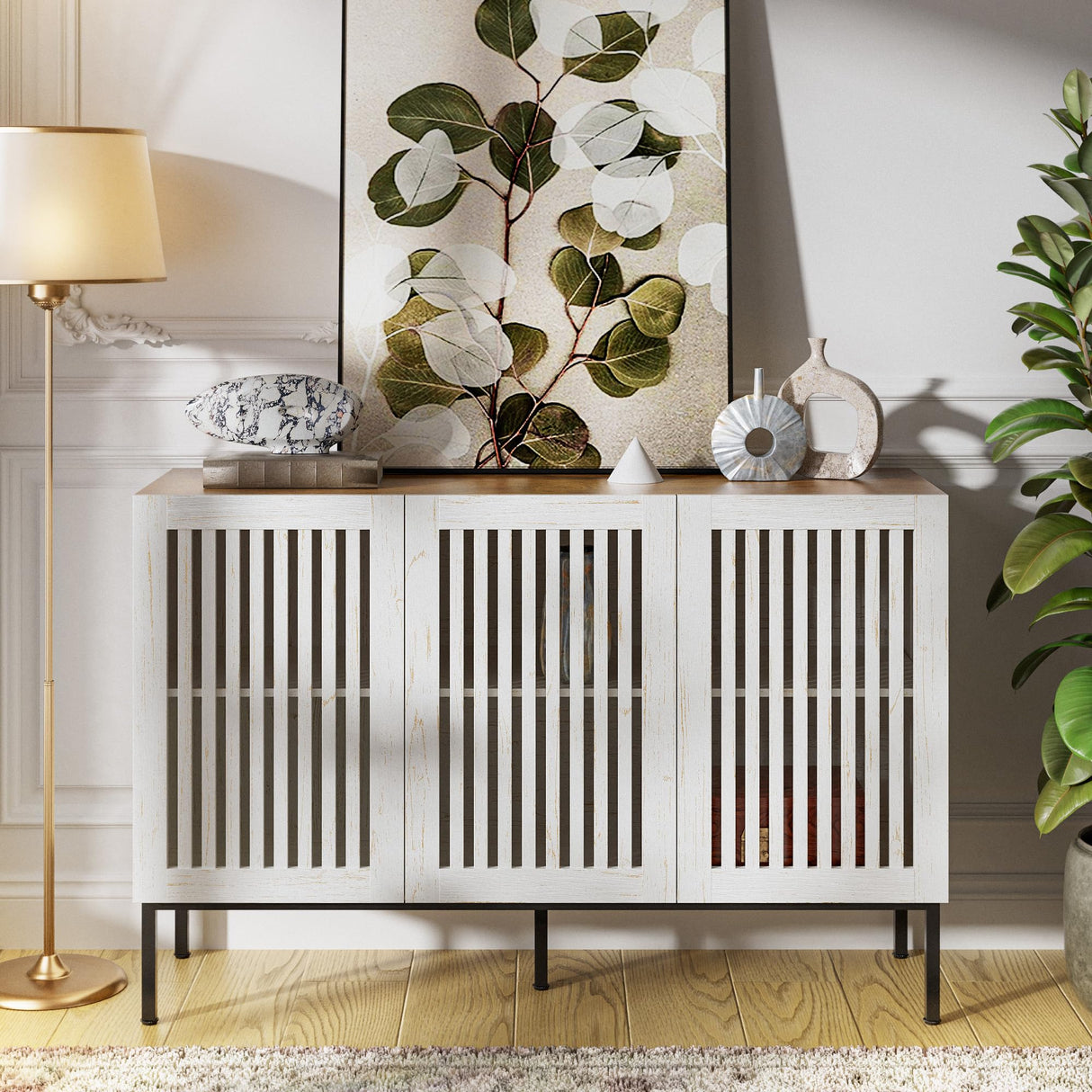 BVIUNTWO 47" Farmhouse Buffet Cabinet with Metal Base, Adjustable Shelves & 3 Doors, Antique White Storage Sideboard for Kitchen, Dining & Living Room BVIUNTWO