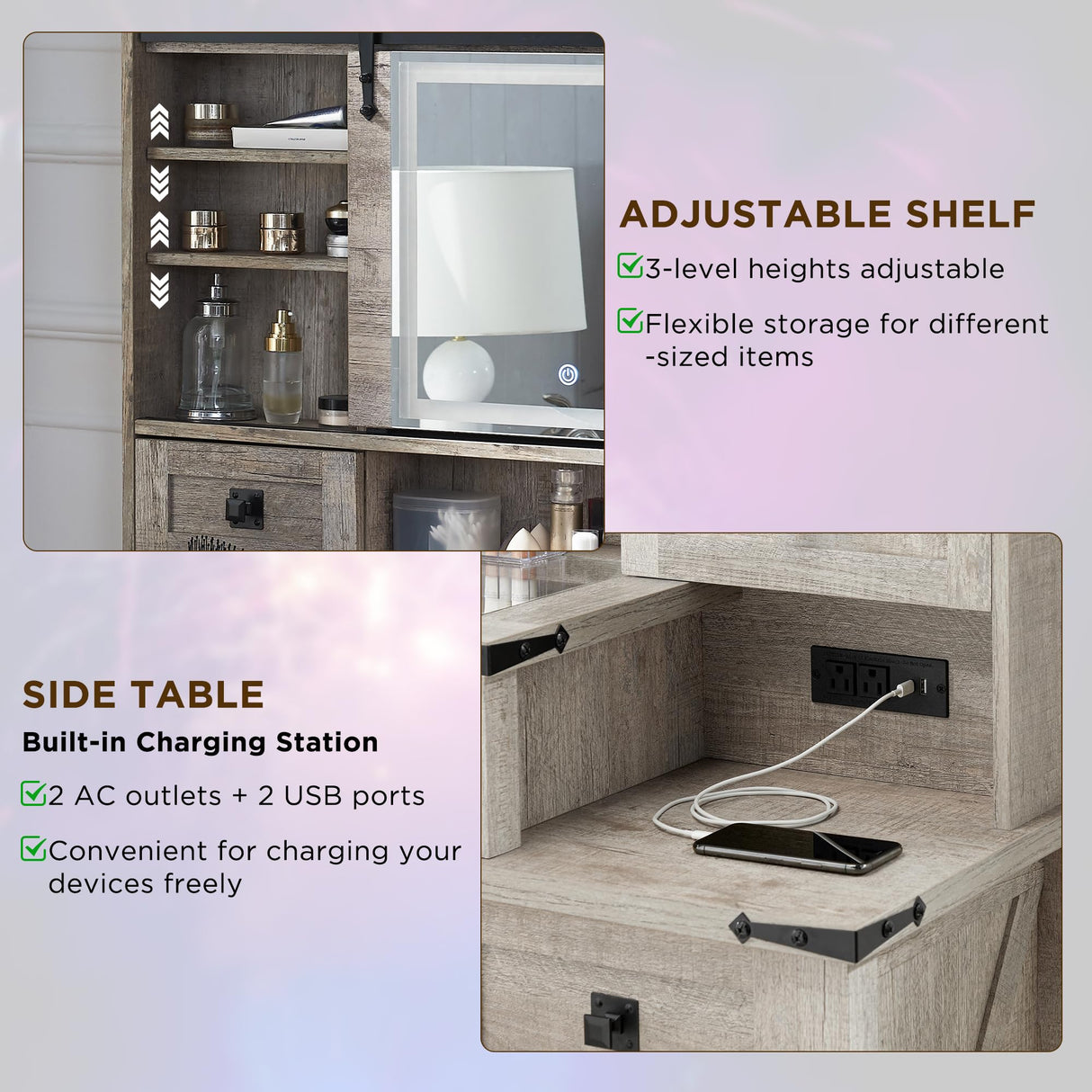 T4TREAM 48'' Farmhouse Makeup Vanity Desk with Sliding HD Mirror and Lights, Big Modern Lighted Vanity Table with 7 Drawers & Shelves, Rustic Large Dressing Table for Bedroom, Light Rustic Oak T4TREAM