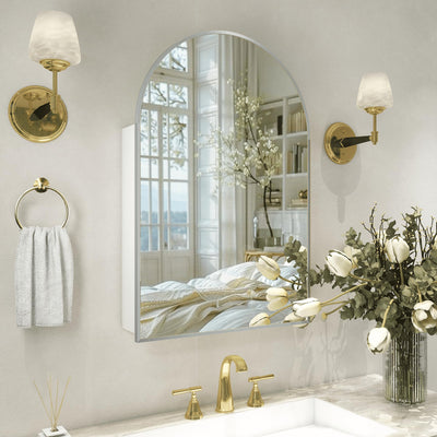 FUNFOLLOW Silver Medicine Cabinet with Mirror,Bathroom Arched Medicine Cabinet Wall Mounted, Modern Vanity Mirror with Storage,Bathroom Storage Cabinet with Adjustable Shelves,Not Recessed,24x36 Inch