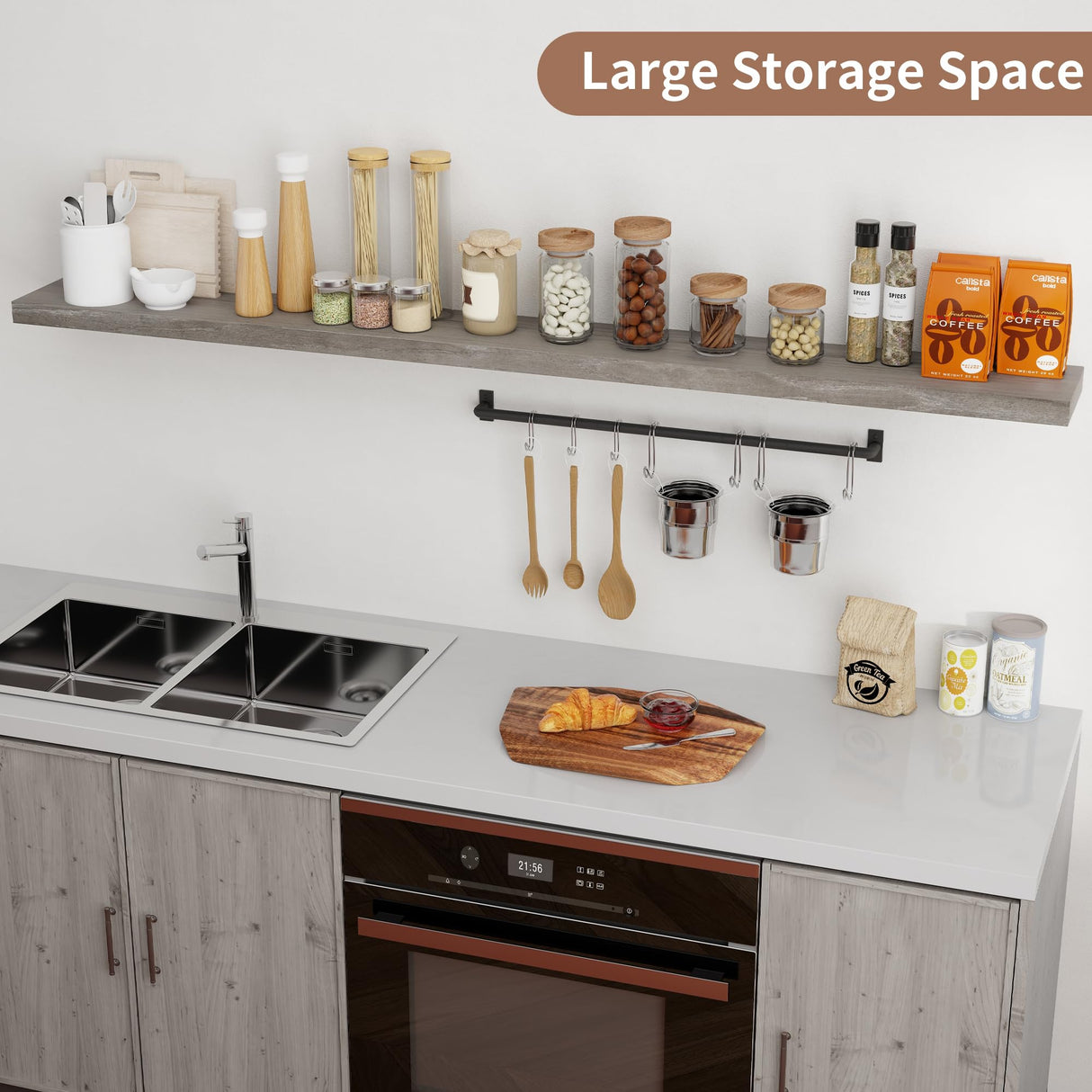 Axeman 72 Inch Fireplace Mantel Shelf - 8 Inch Deep Rustic Solid Elm Wood Floating Shelf, Wall Mounted Farmhouse Display Shelf with Invisible Heavy Duty Metal Bracket, Grey Axeman