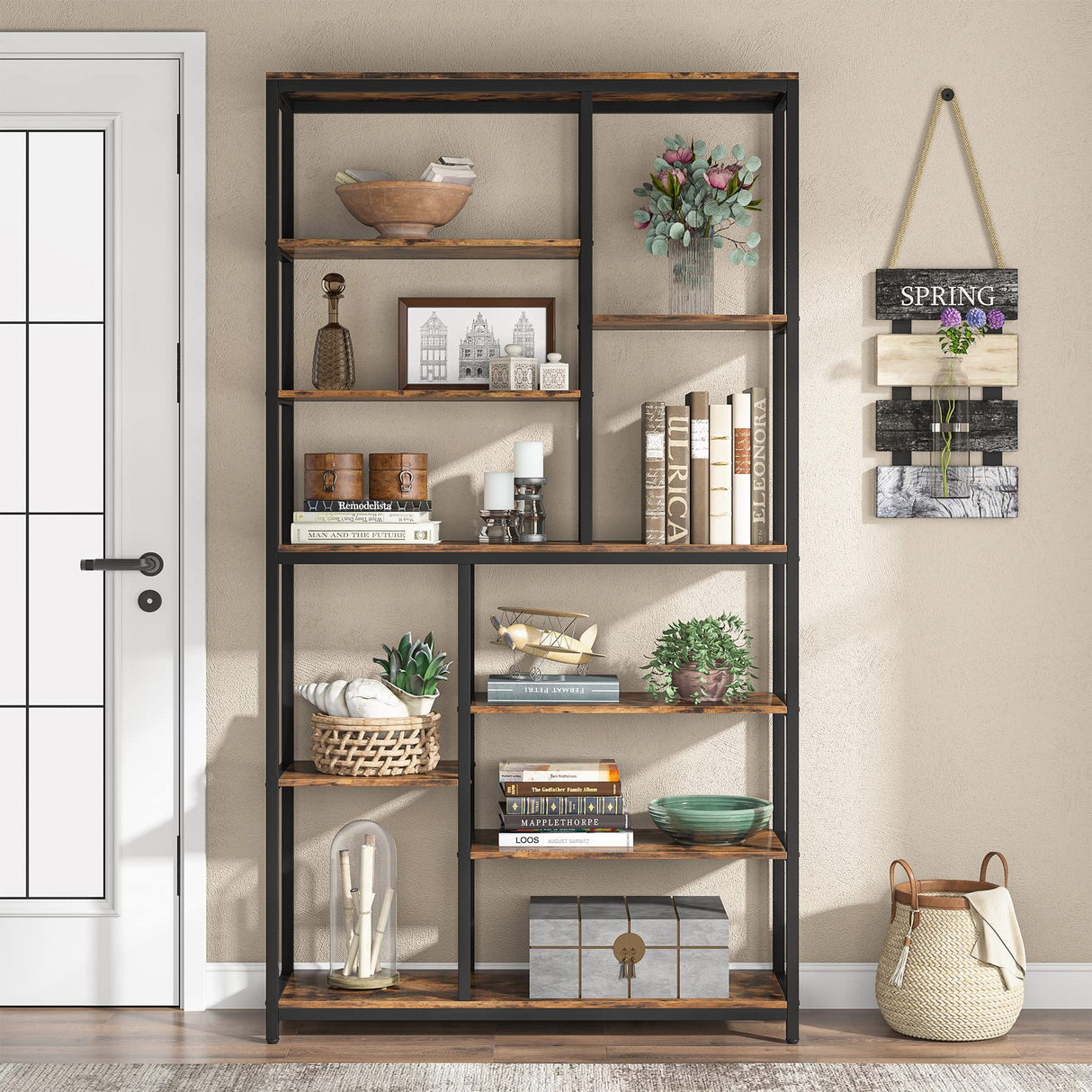 Tribesigns 79-Inch Tall Staggered 8-Tier Bookshelf in Black & Rustic Finish Tribesigns