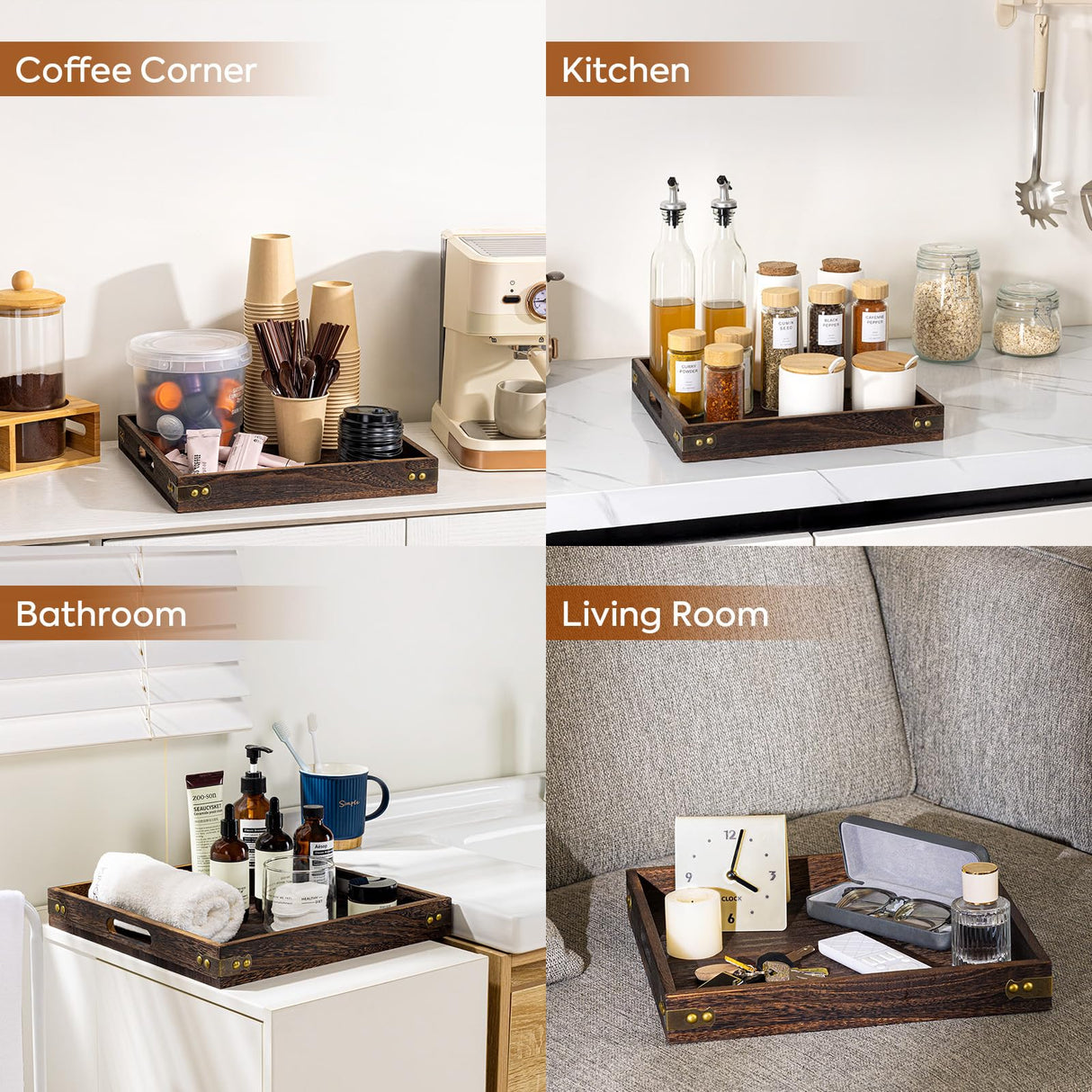 Yangbaga Serving Tray with Handles,13"*13"Wood Decorative Tray for Living Room,Modern Coffee Table Tray,Square Large Serving Platters for Home Decor,Ottoman,Bed,Kitchen,Bathroom, Breakfast,Bar Yangbaga