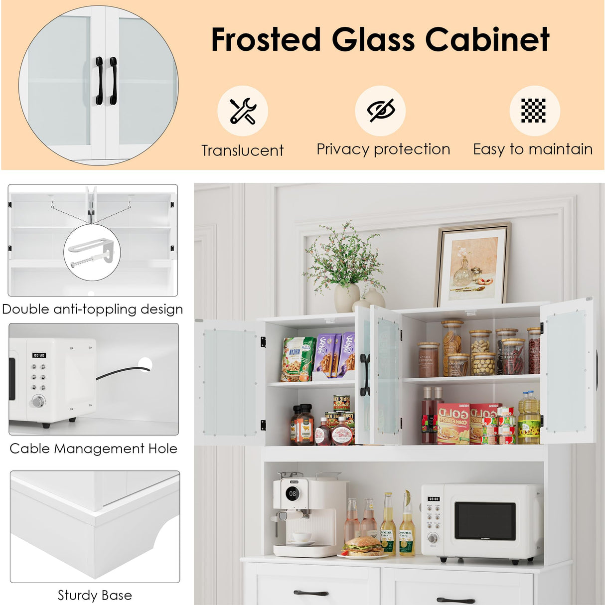 BOTLOG Kitchen Pantry Storage Cabinet, 71" Large Buffet Cabinet with Hutch, Drawers, Tall Kitchen Hutch Cabinet with Microwave Stand for Dining Room, White BOTLOG