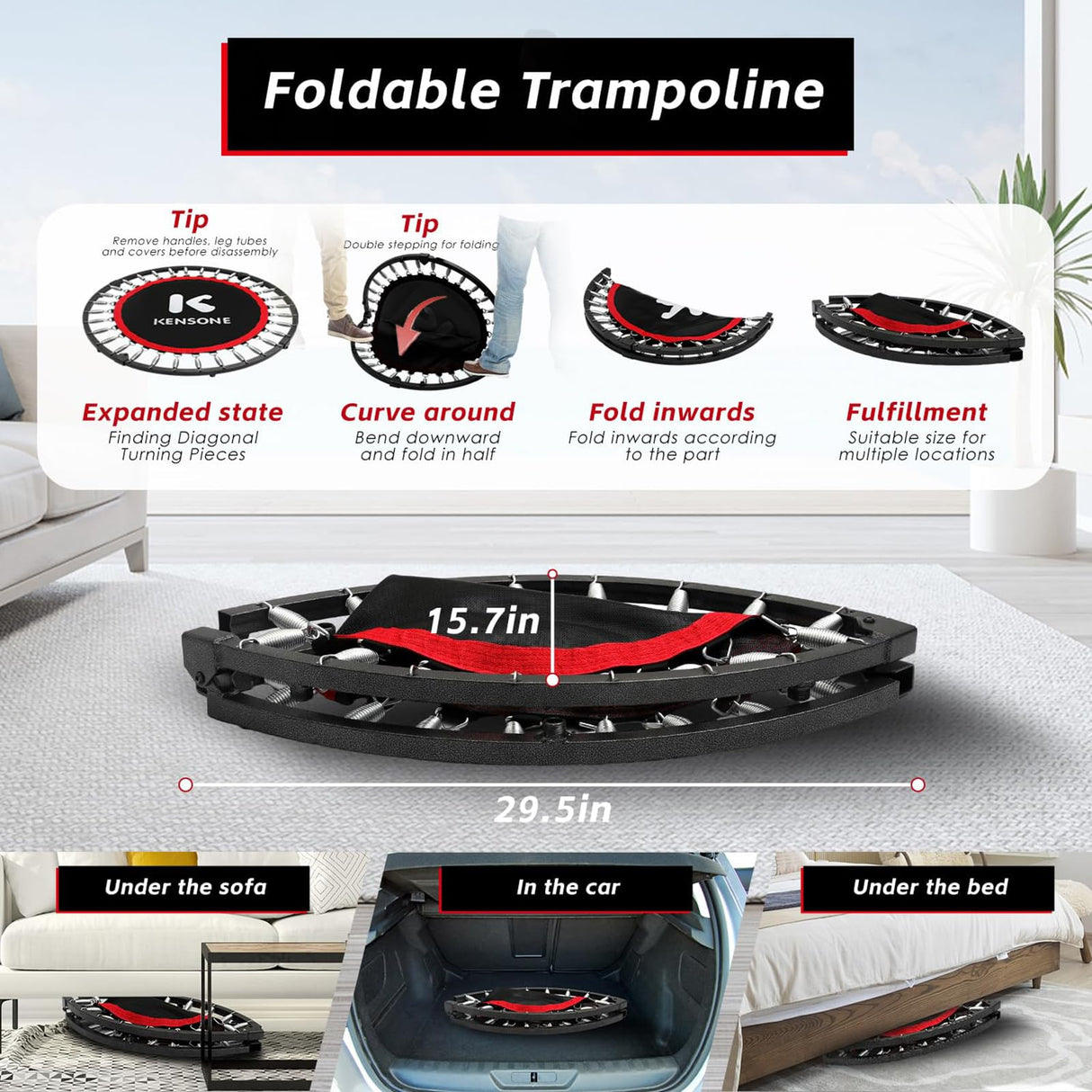 KENSONE 40" Foldable Mini Trampoline, Indoor Trampoline for Kids, Adults Indoor/Garden Workout, Fitness Rebounder with Adjustable Foam Handle, Max Load 330 lbs FREEDARE