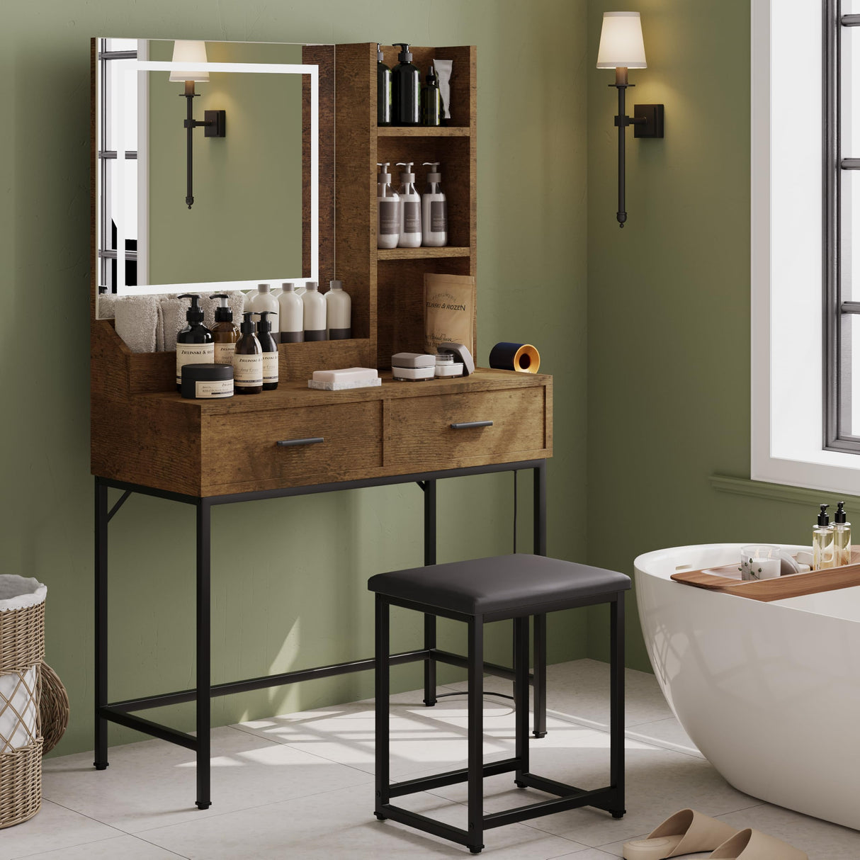 Aklaus Vanity Desk Worn Wood Brown Vanity Table with Light Mirror Small Corner Distressed Wood Makeup Vanity with Stool Modern Dressing Table for Bedroom Walk-in Closet Bathroom Powder Room Aklaus