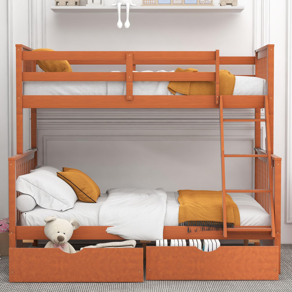 Merax Walnut Convertible Wood Bunk Bed Frame with Ladders and Storage Drawers - Twin Over Full Size Merax