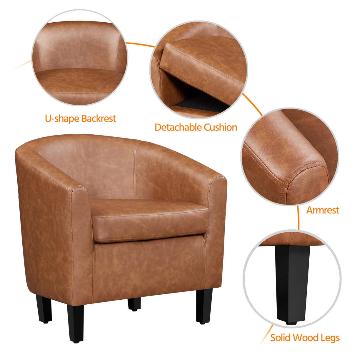 Yaheetech Brown Accent Chairs Set of 2, Faux Leather Barrel Chairs, Comfy Modern Leather Club Armchairs with Soft Seat for Living Room Bedroom Reading Waiting Room, Brown Yaheetech