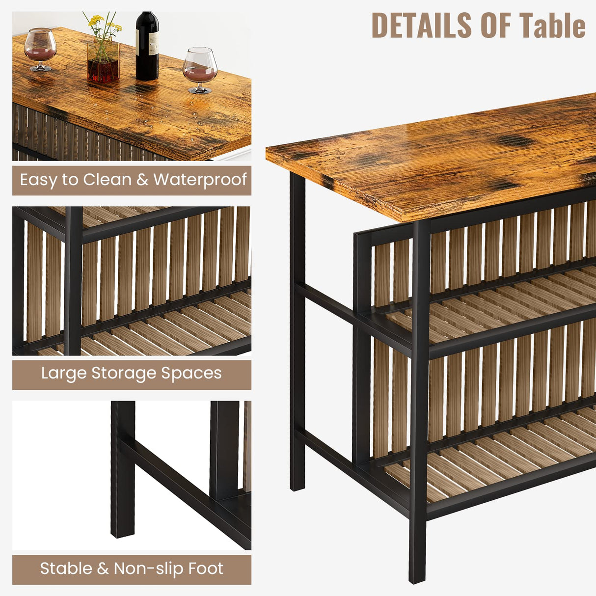 AWQM Walnut 3-Piece Kitchen Island Bar Table Set with Storage and Seating AWQM