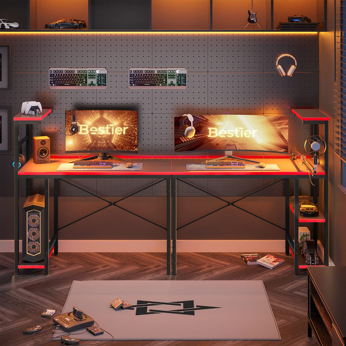 Bestier Gaming Desk with LED Lights, 44 Inch PC Gamer Desk for Small Spaces, Computer Desk with Reversible Storage Shelves & Side Storage Bag (Black 3D Carbon Fiber) Bestier