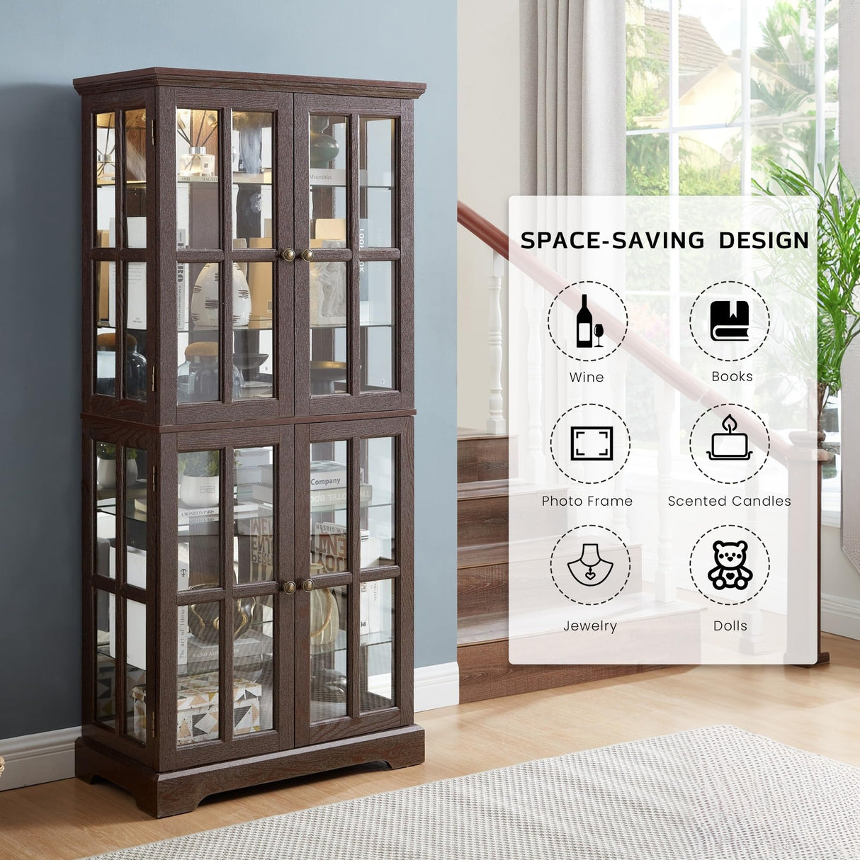 CKEASEAN Glass Display Cabinet, 69" H Curio Cabinet with Adjustable Shelves and 4 Glass Doors, Light Bulb Included, Elegant Antique Showcase, Rack for Living Room/Home Office (Dark Cherry) CKEASEAN