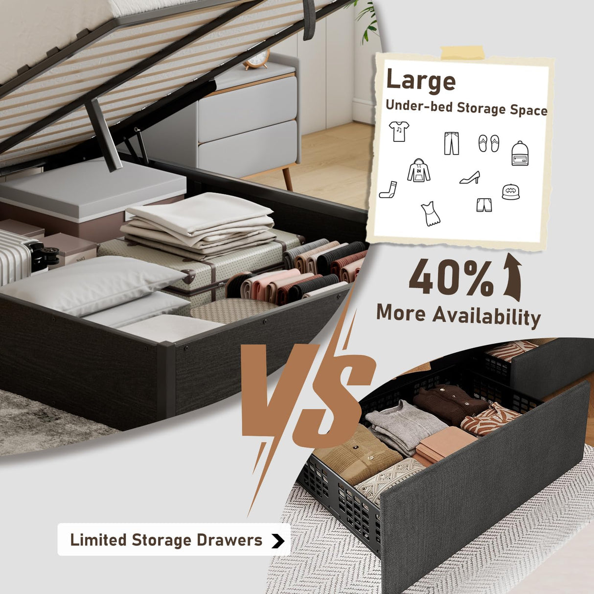 YUMPIE Lift Up Storage Bed Frame, King Size Wooden Platform Bed with Large Storage Underneath, No Box Spring Needed, Noise Free, Black YUMPIE