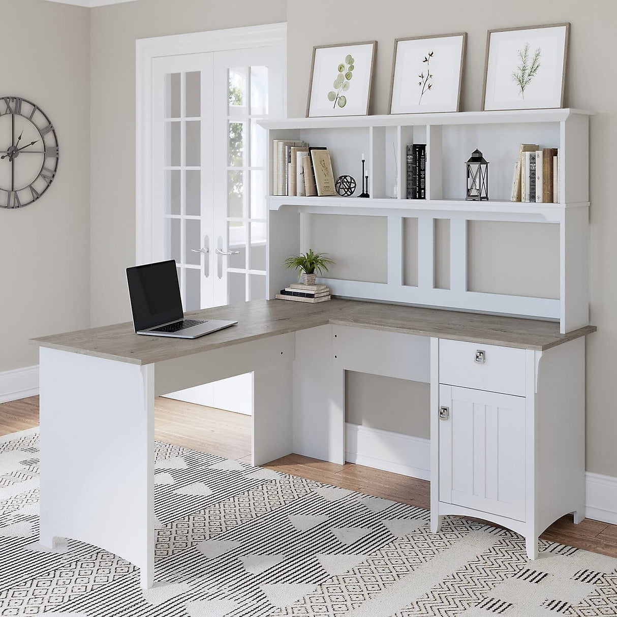 Bush Furniture Salinas L Shaped Desk with Hutch | Corner Table with Drawers and Storage for Home Office, 60W, Pure White and Shiplap Gray Bush Business Furniture