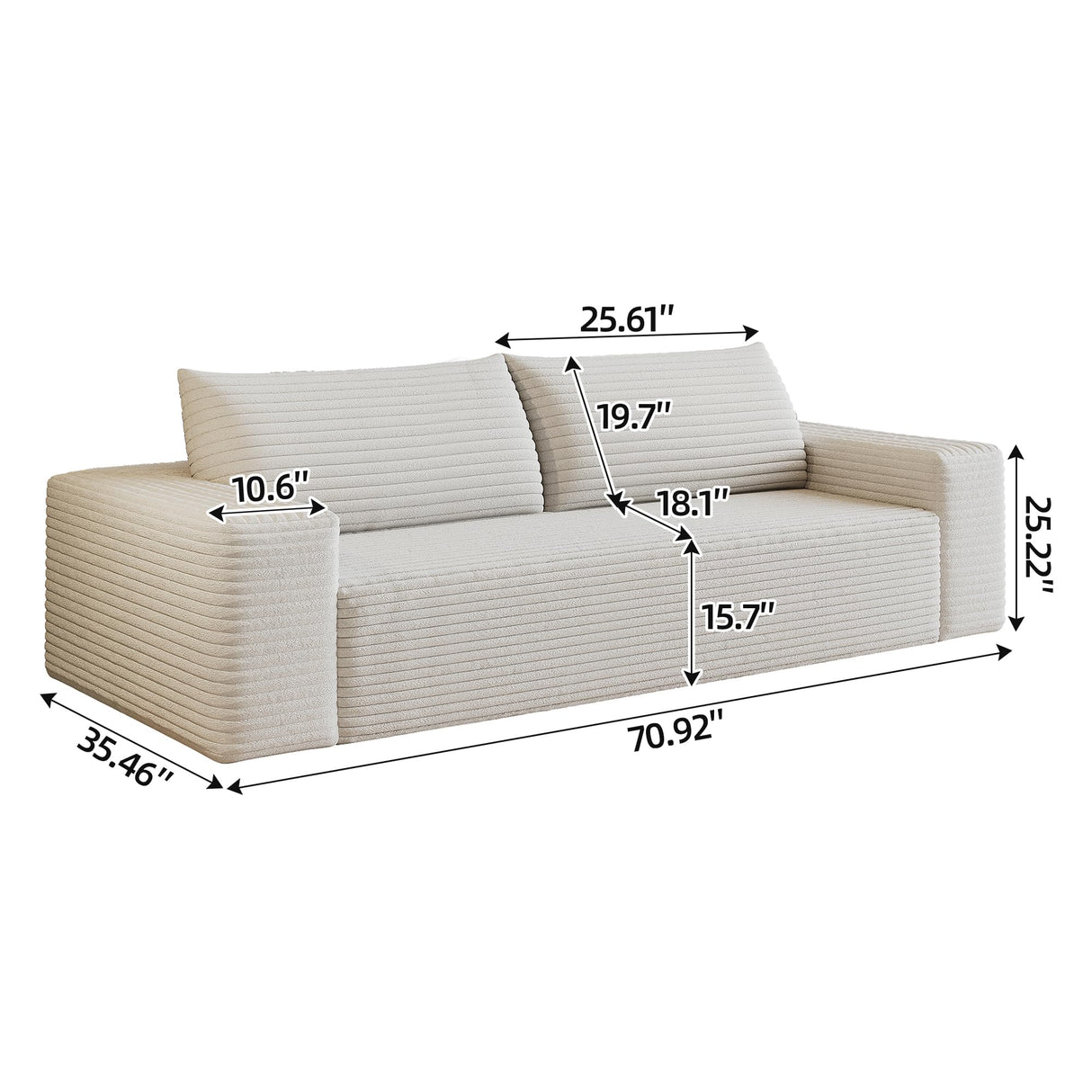Ball & Cast 71" Cloud Loveseat Sofa No Assembly Required Comfy Deep Seat Couch with Pillows,Corduroy Fabric,1 pcs for Living Room, Bedroom,Apartment,White Ball & Cast