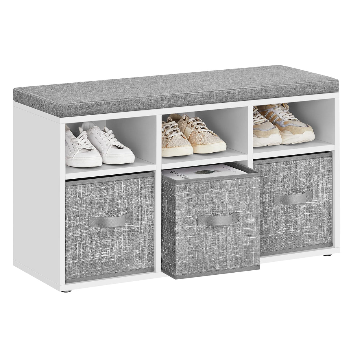 VASAGLE Shoe Bench with Cushion, Shoe Storage Bench with 6 Compartments and 3 Adjustable Shelves, Entryway Bench with 3 Storage Boxes, for Bedroom, Closet, Living Room, Cloud White ULSB101W14 VASAGLE