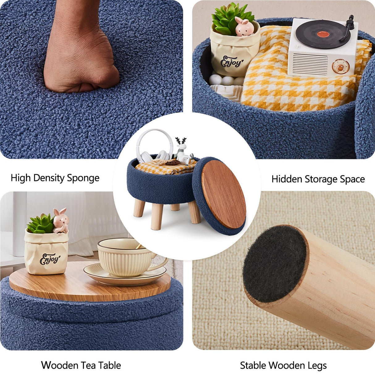Wimarsbon Storage Ottoman, Modern Round Footrest with Soft Padded Seat, Teddy Velvet Footstool with Wood Legs, Accent Small Table or Plant Stand for Hallway, Living Room (Grey-Blue) Wimarsbon