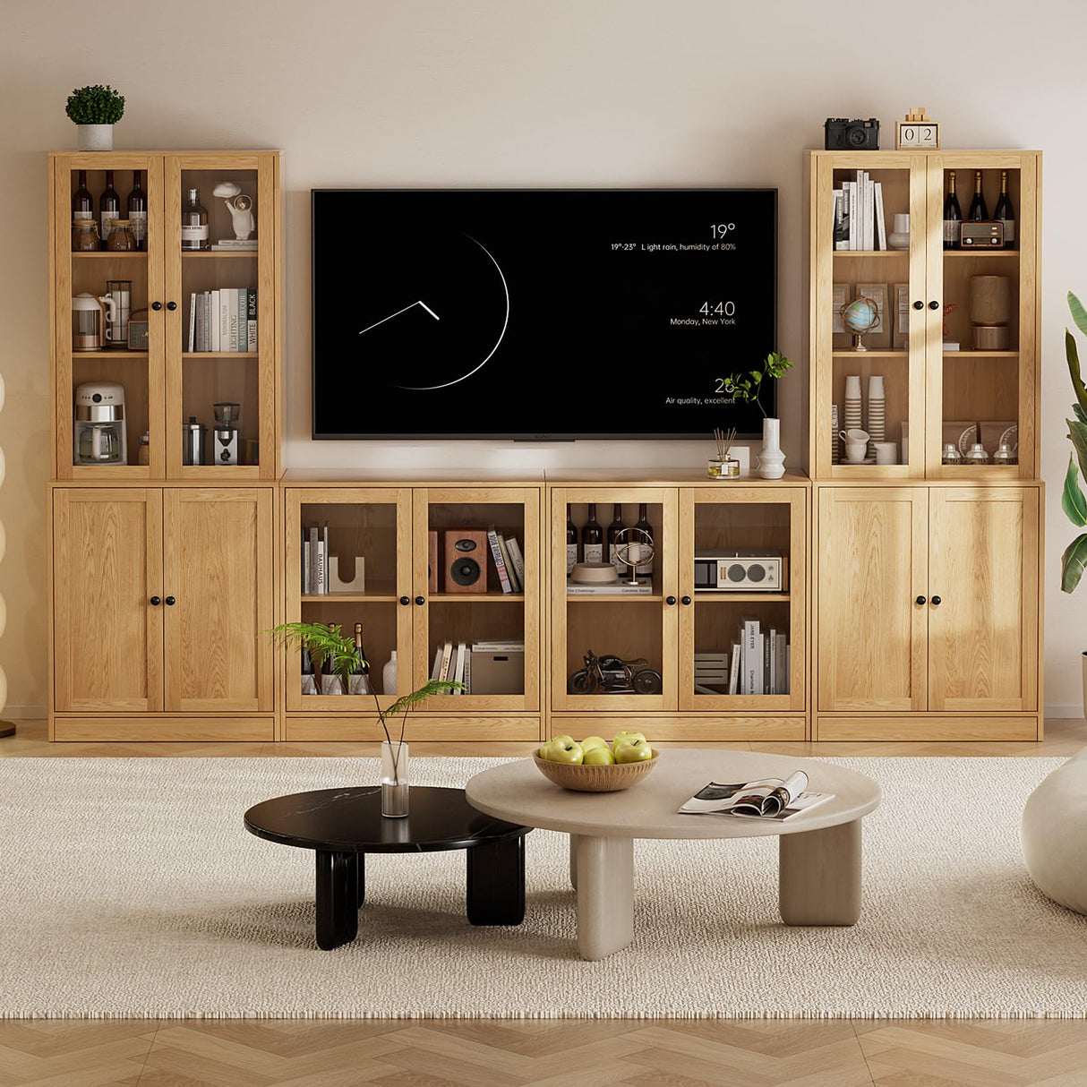 TUSY 4-Piece Large TV Stand with Bookshelves for TVs up to 75", TV Entertainment Center Media Center with Tempered Glass Doors and Shelves, TV Hutch for Living Room (Wood) TUSY