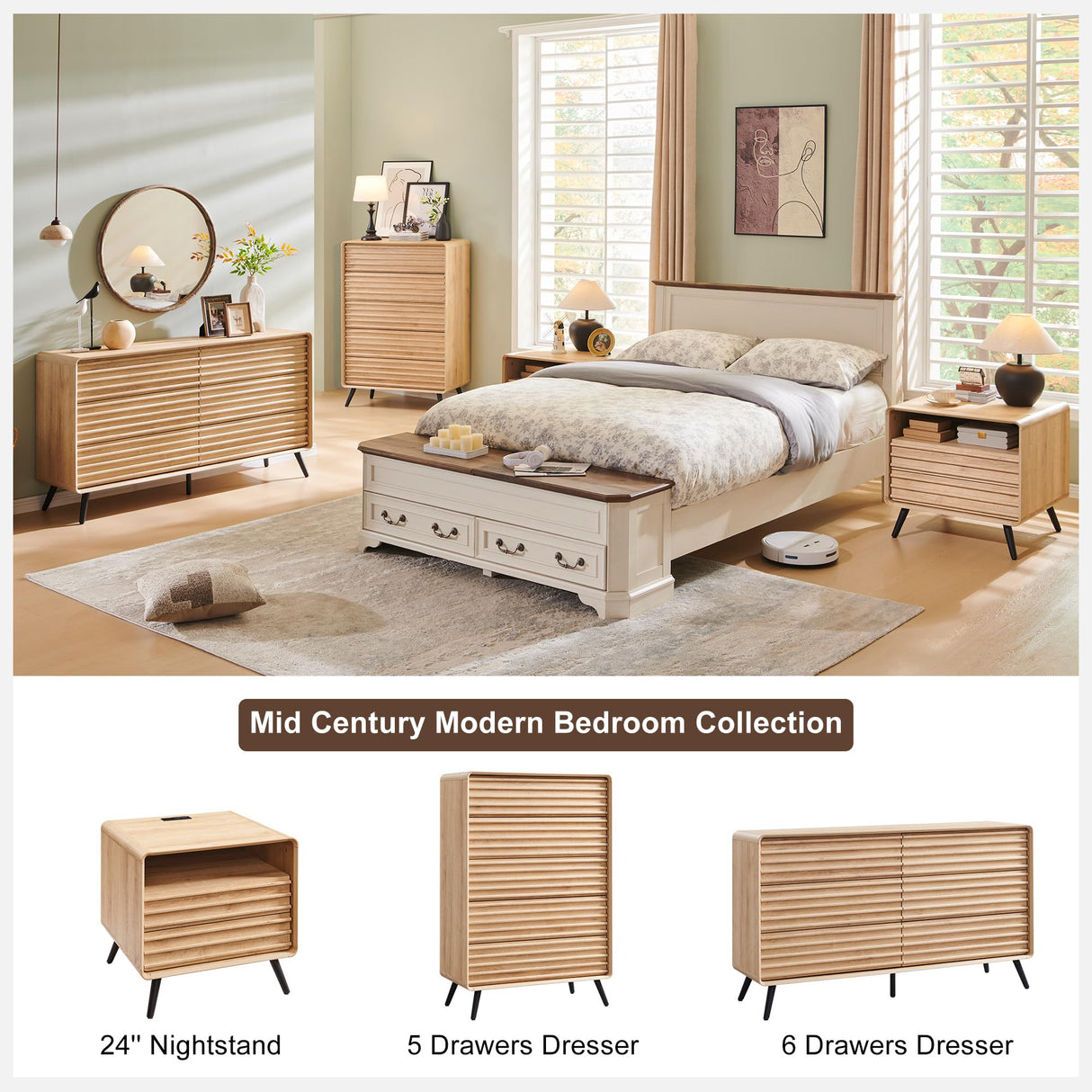 RedLemon 6 Drawers Dresser for Bedroom, 54'' Wide Mid Century Modern Wood Fluted Double Dresser, Chest of Drawers with Tapered Leg for Bedroom, Living Room, Hallway, Closet, Natural Oak RedLemon