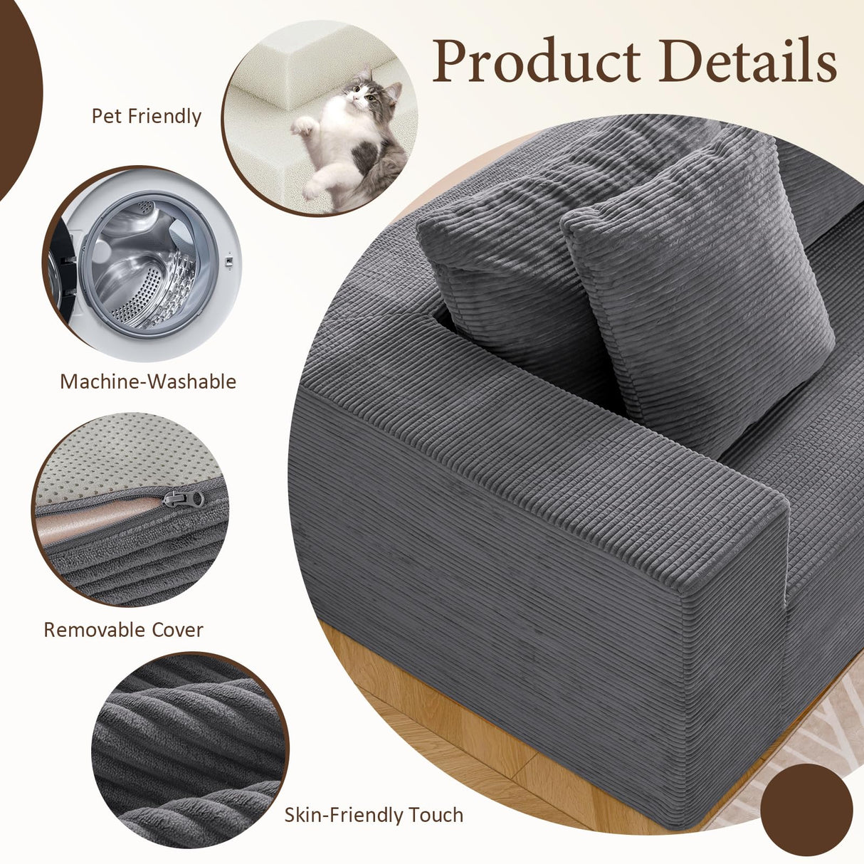 INGEROOM 108" Cloud Sectional Couch with L-Shape Chaise, Modular Sofa Memory Foam, Boneless Sofa with Movable Ottoman, Upholstered Couches for Living Room Bedroom, No Assembly Required, Dark Gray INGEROOM