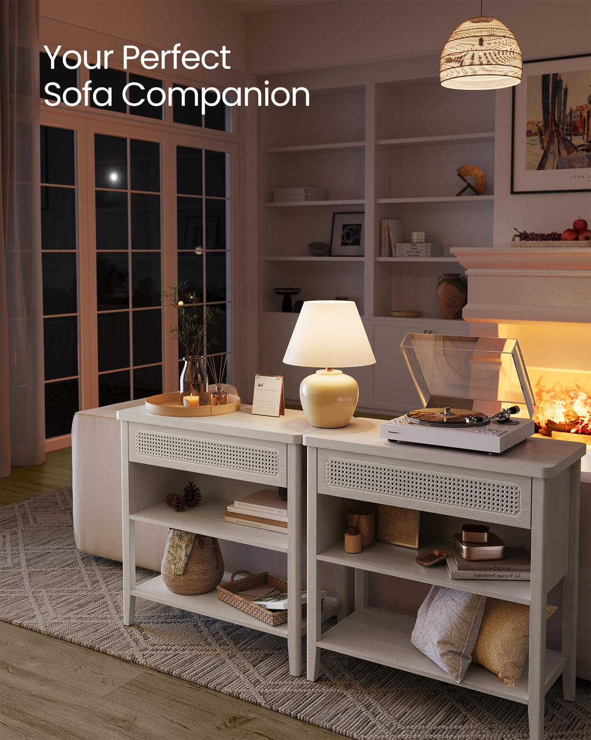 VASAGLE Console Table with Power Outlets, Entryway Table with Storage Shelf, Sofa Table with Drawer, Open Compartment, Rounded Corners, for Living Room, Boho Style, Oatmeal Beige ULNT140K66 VASAGLE