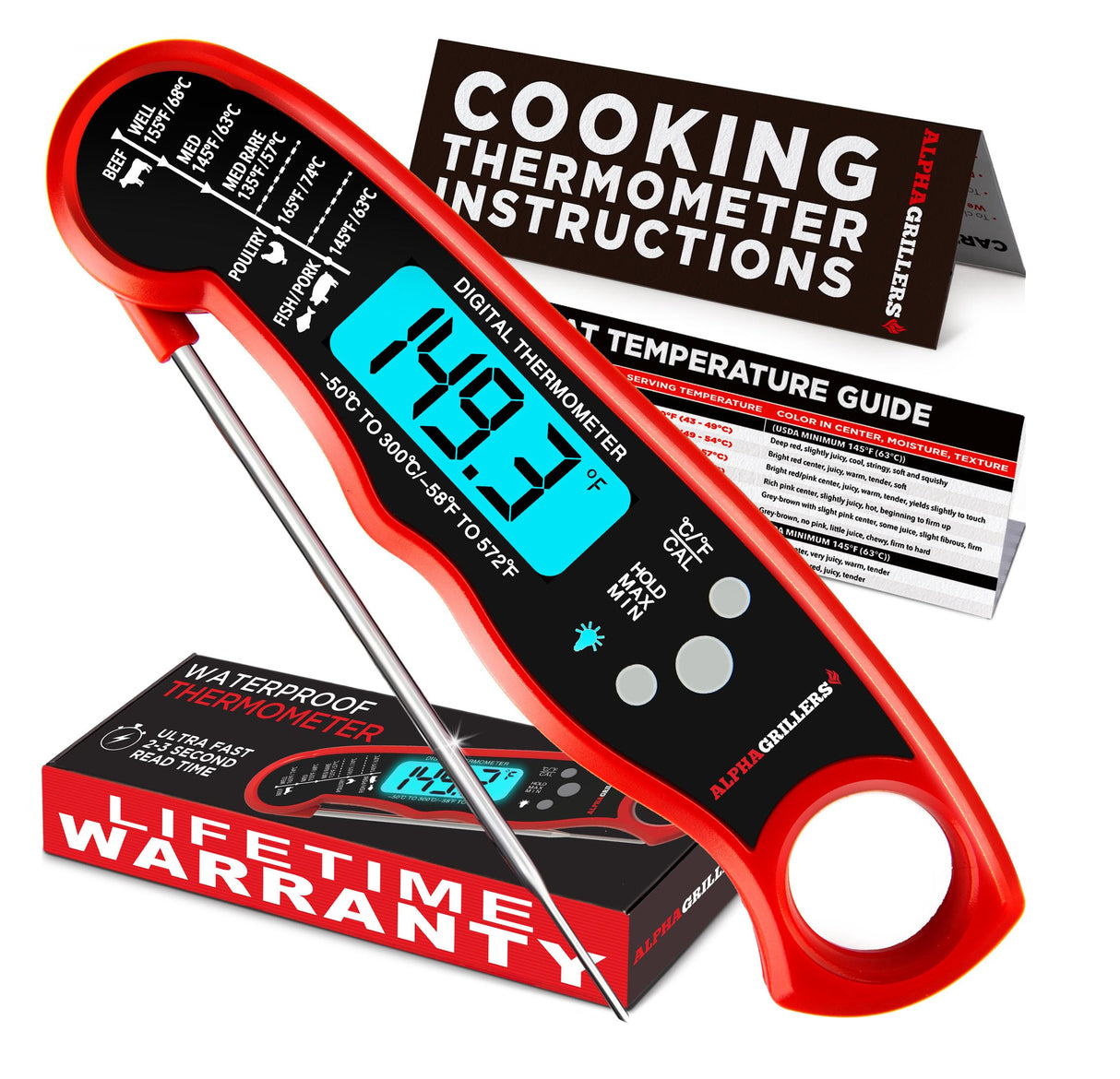 Alpha Grillers Instant Read Meat Thermometer for Cooking Grilling and Griddle Accessories Kitchen Essentials - Waterproof Backlight & Calibration, Birthday Mens Gifts Valentines Day Gifts for Him Alpha Grillers