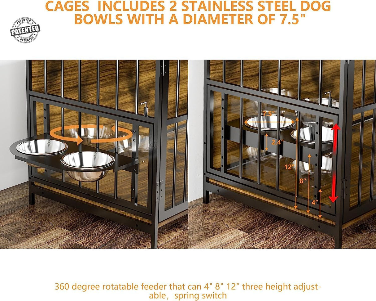 ROOMTEC Furniture Style Large Dog Crate with 360° & Adjustable Raised Feeder for Dogs 2 Stainless Steel Bowls -End Table House Pad, Indoor Use,41" L X 24" W 36" H, Classic Brown ROOMTEC