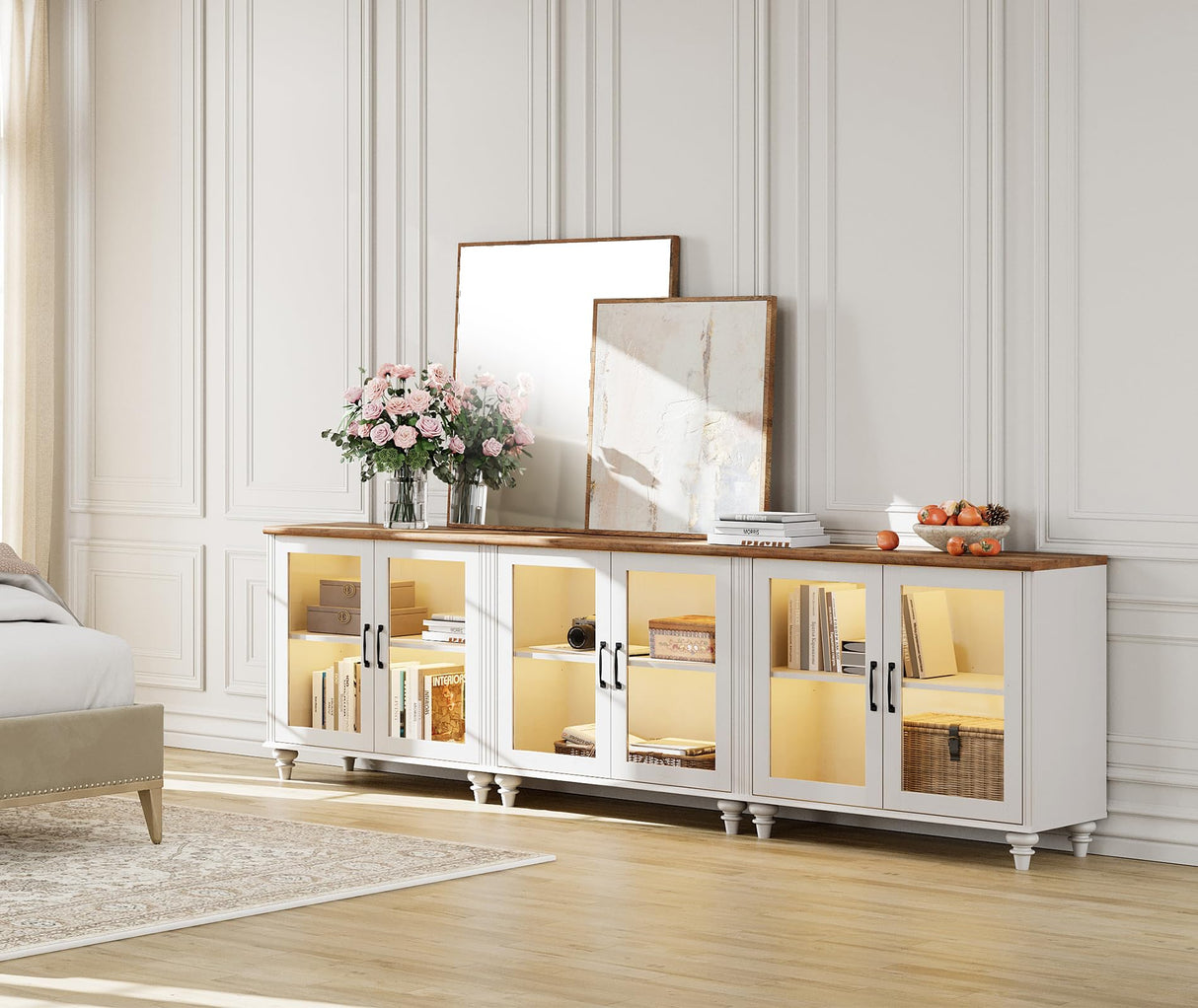 WAMPAT Modern TV Stand for 100 Inch TV, Wood TV Cabinet Entertainment Center for 95/90/85 Inch TV, Large Kitchen Buffet Cabinet with 6 Glass Door for Dining Room & Living Room, White WAMPAT