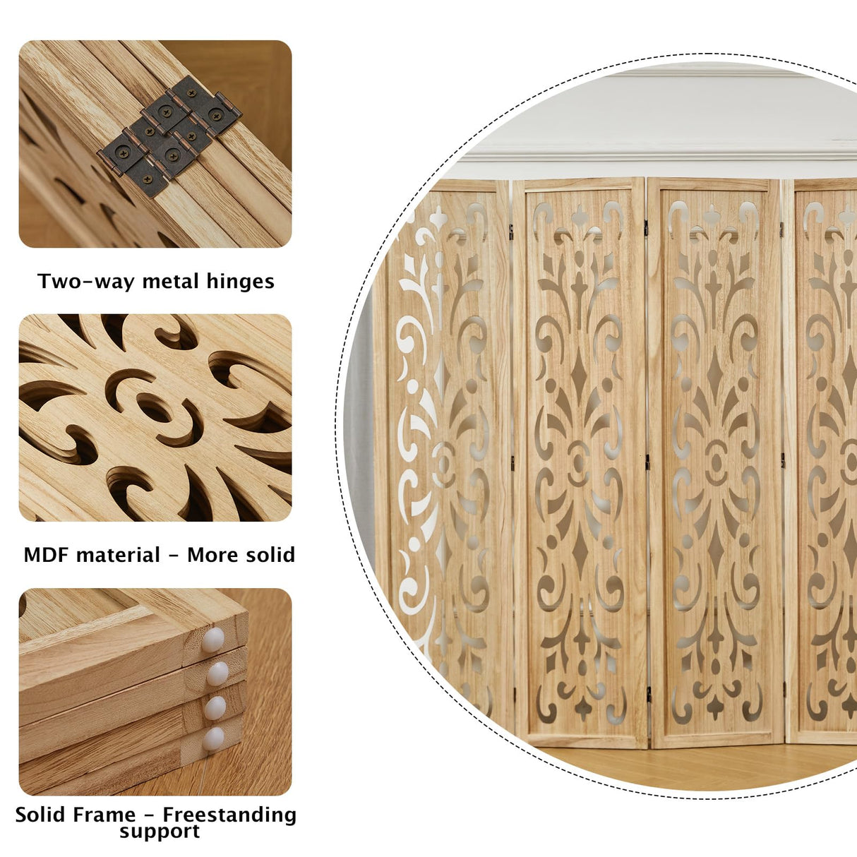 5.6Ft Room Divider Folding Wood Classical Carved Partition Screen for Home Office Garden - 4 Panels (Natural) Svimi