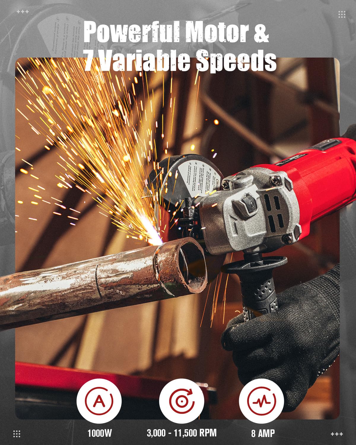 AVID POWER Angle Grinder 4-1/2 Inch 8.0 Amp 1000W Electric Grinder Tool 7-Variable-Speed Metal Grinder, 11,500 RPM, Paddle Switch with Lock-on Button, Cutting & Grinding Wheels and Side Handle AVID POWER