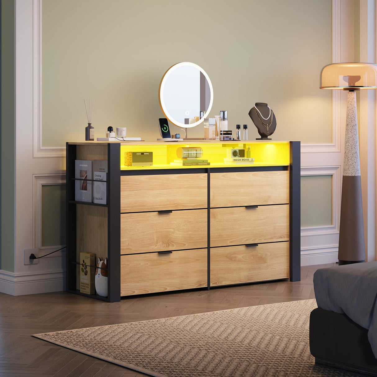 WLIVE 6 Drawer Dresser with Led Light, 50.79'' Wood Dresser for Bedroom with Power Outlets for 55'' TV, Modern Chest of Drawers for Closet, Hanging Rack, Double Wide Drawer for Living Room, Light Oak WLIVE