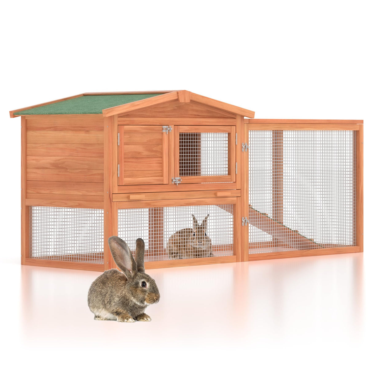 GOJOOASIS Outdoor Rabbit Cage Bunny Hutch Chicken Coop Wooden Hen House Guinea Pig Cages Poultry Pet Hutch Run Cage w/Waterproof Asphalt Roof, Ramp, Wire Fence (60") GOJOOASIS