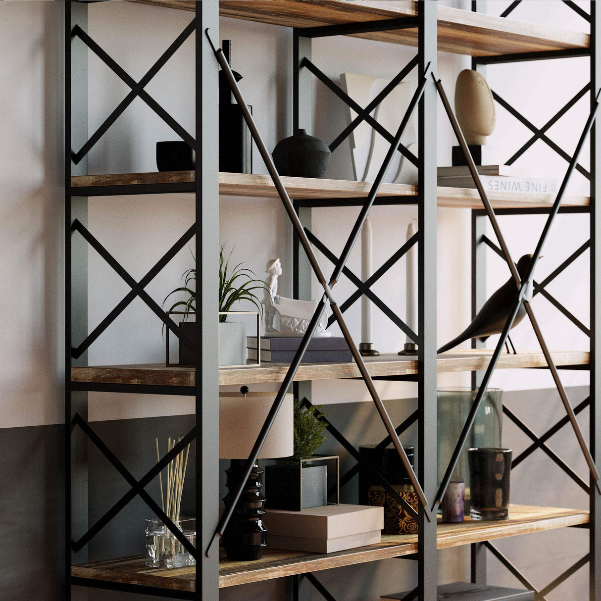 IRONCK Bookshelves Double Wide 6-Tier 76" H, Open Large Bookcase, Industrial Style Shelves for Home Office, Easy Assembly IRONCK