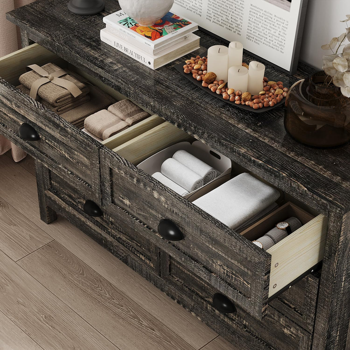 Modern Farmhouse Wood Dresser for Bedroom, Rustic 6 Drawer Dresser with Vintage Black Antique Handle, Double Dresser and Chest of Drawers for Hallway, Rustic Brown Oak HOUROM