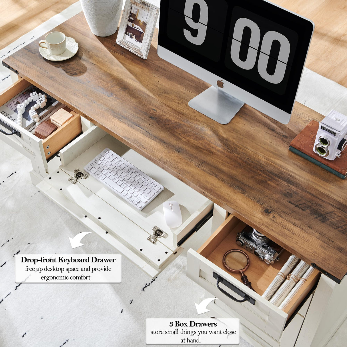 RedLemon 60" Farmhouse Executive Desk, Home Office Desk with Drawers, Charging Station, Keyboard Tray, File Drawer, Storage Cabinet, Wood Rustic Computer Writing Desk (Antique White) RedLemon