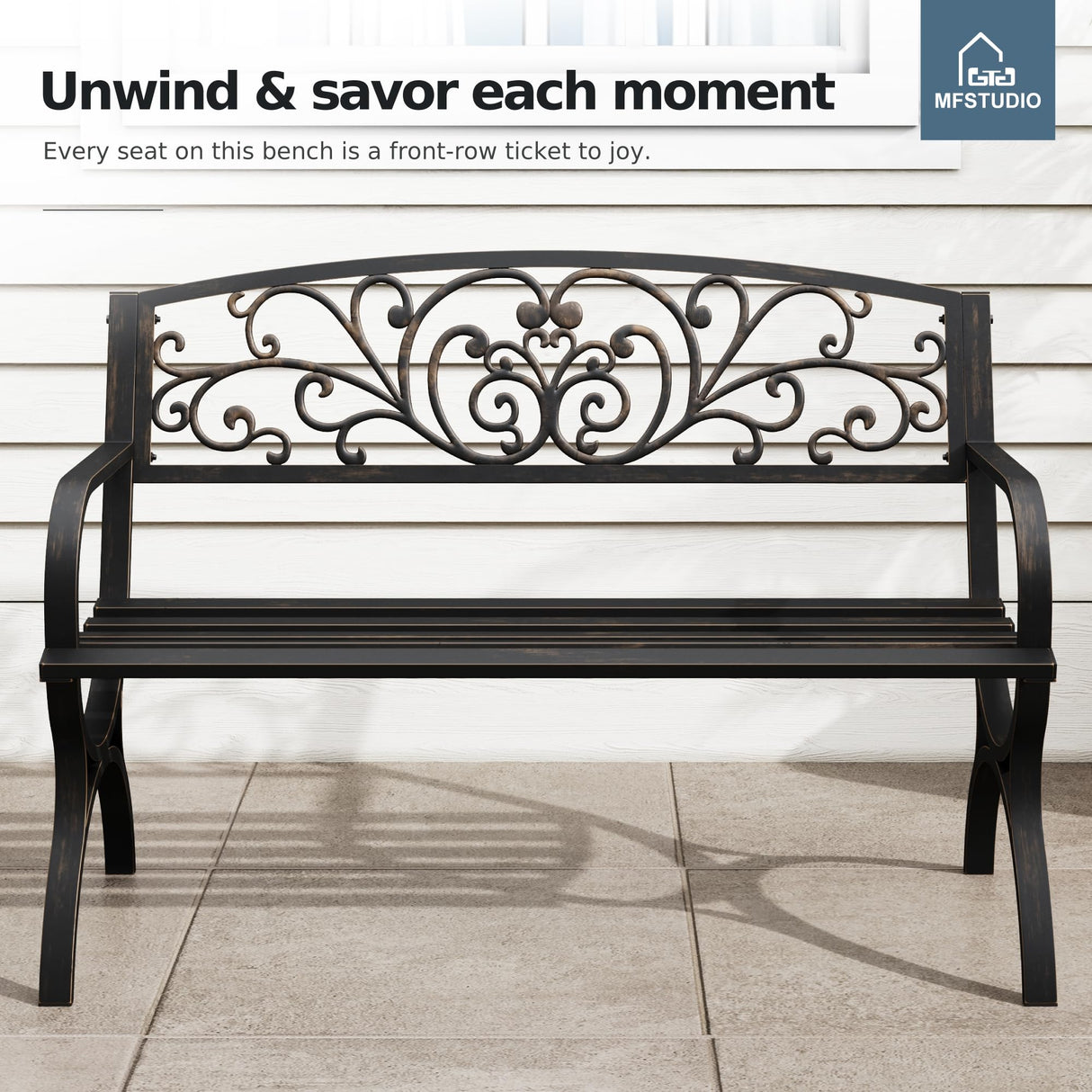 MFSTUDIO 50 Inches Outdoor Garden Bench, Cast Iron Metal Frame Patio Park Bench with Floral Pattern Backrest, Arch Legs for Porch, Lawn, Yard-Bronze MFSTUDIO