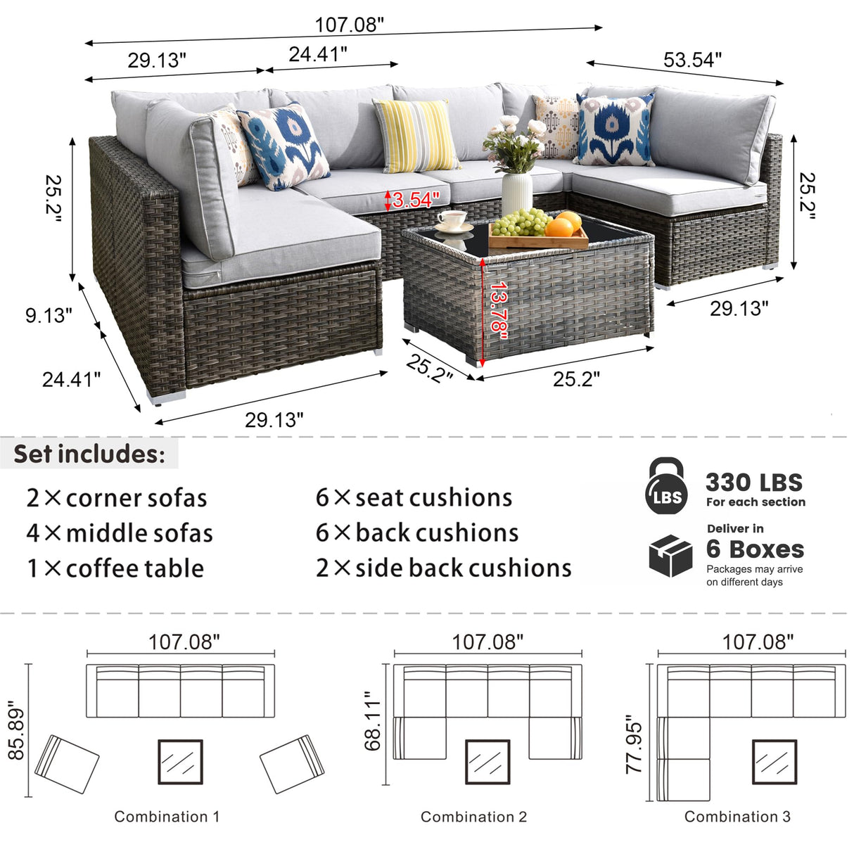 HOOOWOOO Patio Outdoor Sectional Furniture Sofa Set,7 Piece U Shaped Corner Wicker Rattan Couch Set,Rustic 6 Persons Summer Patio Conversation Set for Outside Porch Deck Garden(Light Gray) HOOOWOOO
