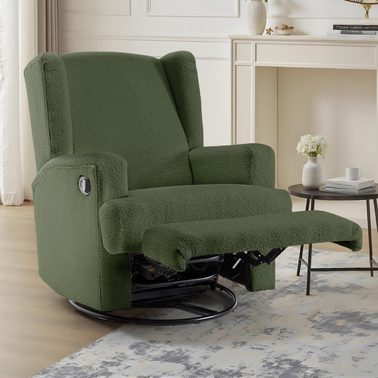 UIXE Swivel Glider Recliner Chair for Adults, Boucle High Back Accent Chair Nursery Rocker for Living Room, Upholstered Manual Reclining Sofa Seating with Deep Seat - Green UIXE