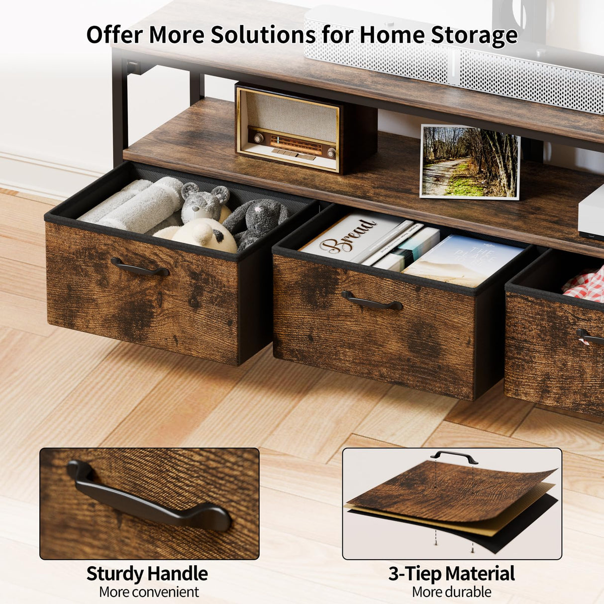 JUSTOGO TV Stand with Mount and Power Outlet, TV Stand with Drawers Storage for Living Room Bedroom, LED Entertainment Center for 45/55/60/65 inch TVs, Height Adjustable Media Console, Rustic JUSTOGO