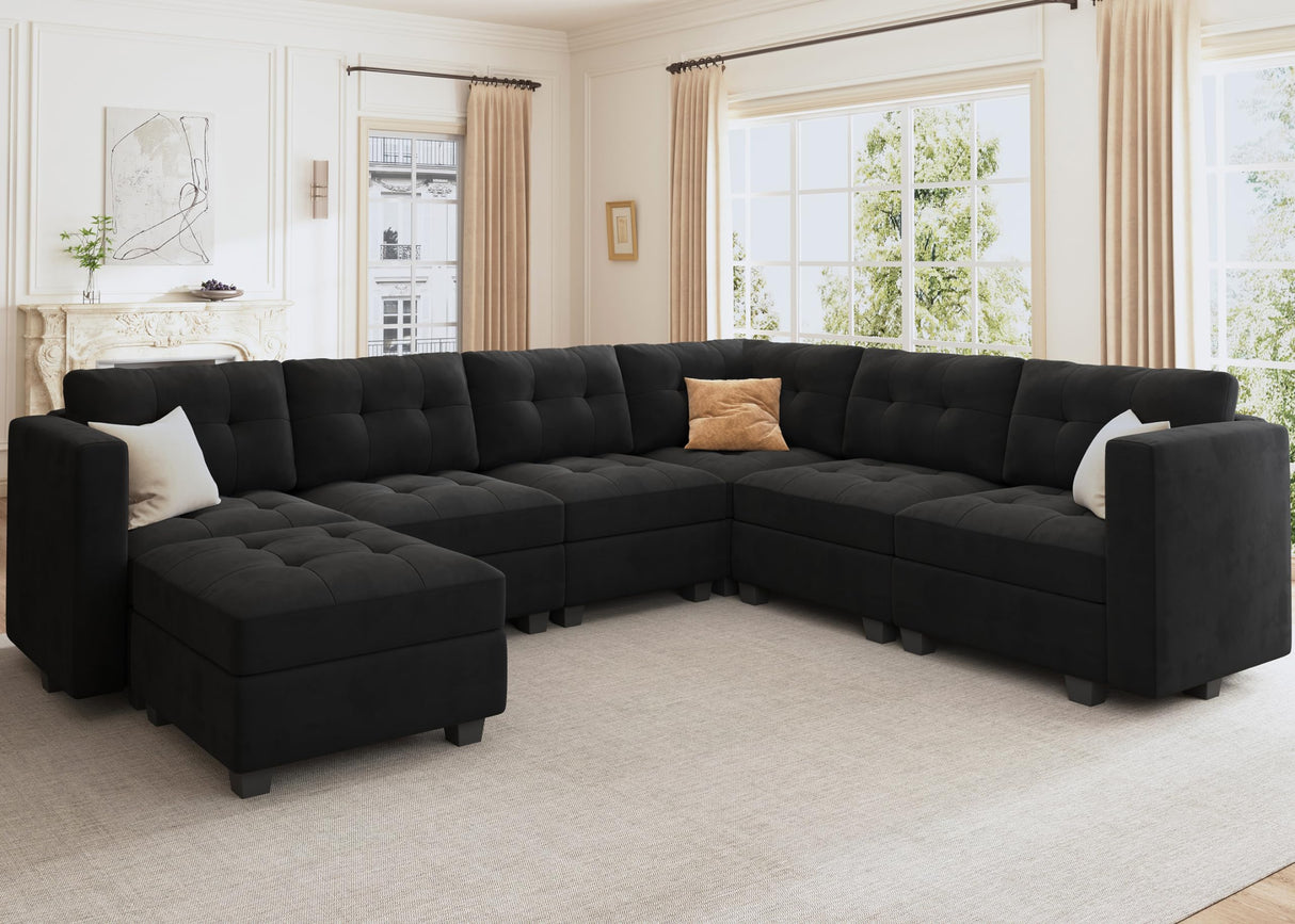 HONBAY Modular Sectional Sofa Oversized U Shaped Couch with Storage Seat Velvet 7-Seat Modular Sofa with Reversible Chaises,Velvet Black HONBAY