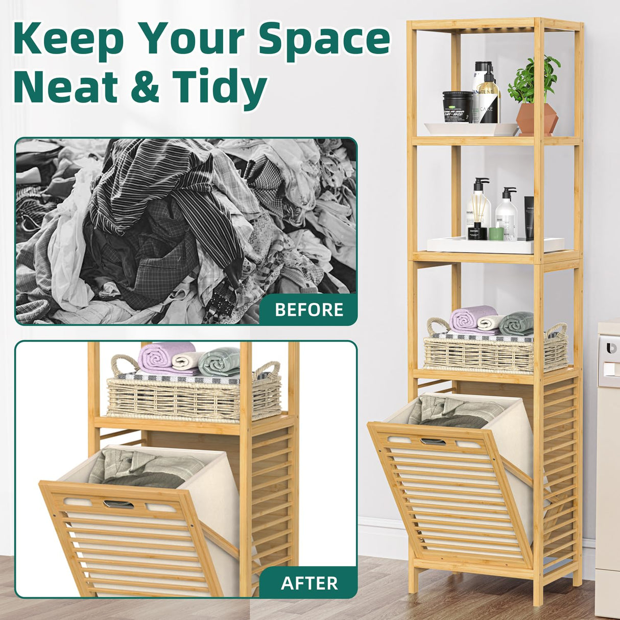 BAMBOOHOMIE Bamboo Tilt Out Laundry Hamper, 4-Tier Tilt Out Hamper for Laundry with Shelf & Removable Clothes Basket - Can Convert to 2-Tier Pull-Out Laundry Hamper & 2 Tier Freestanding Shelf, Beige BAMBOOHOMIE