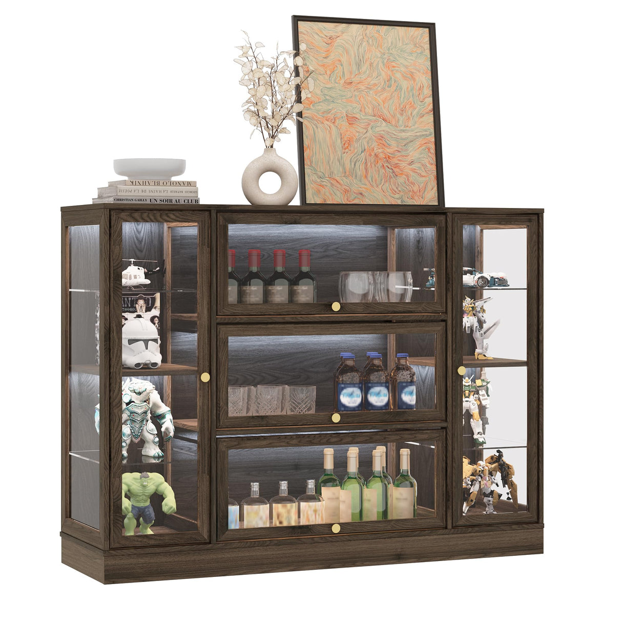 BONITURE Display Cabinet with Acrylic Glass Doors,Extra Wide Curio Cabinet with LED Lighting for Collectibles, Collectibles Toy Organizers Rack & Display Shelf Display Case, Walnut BONITURE