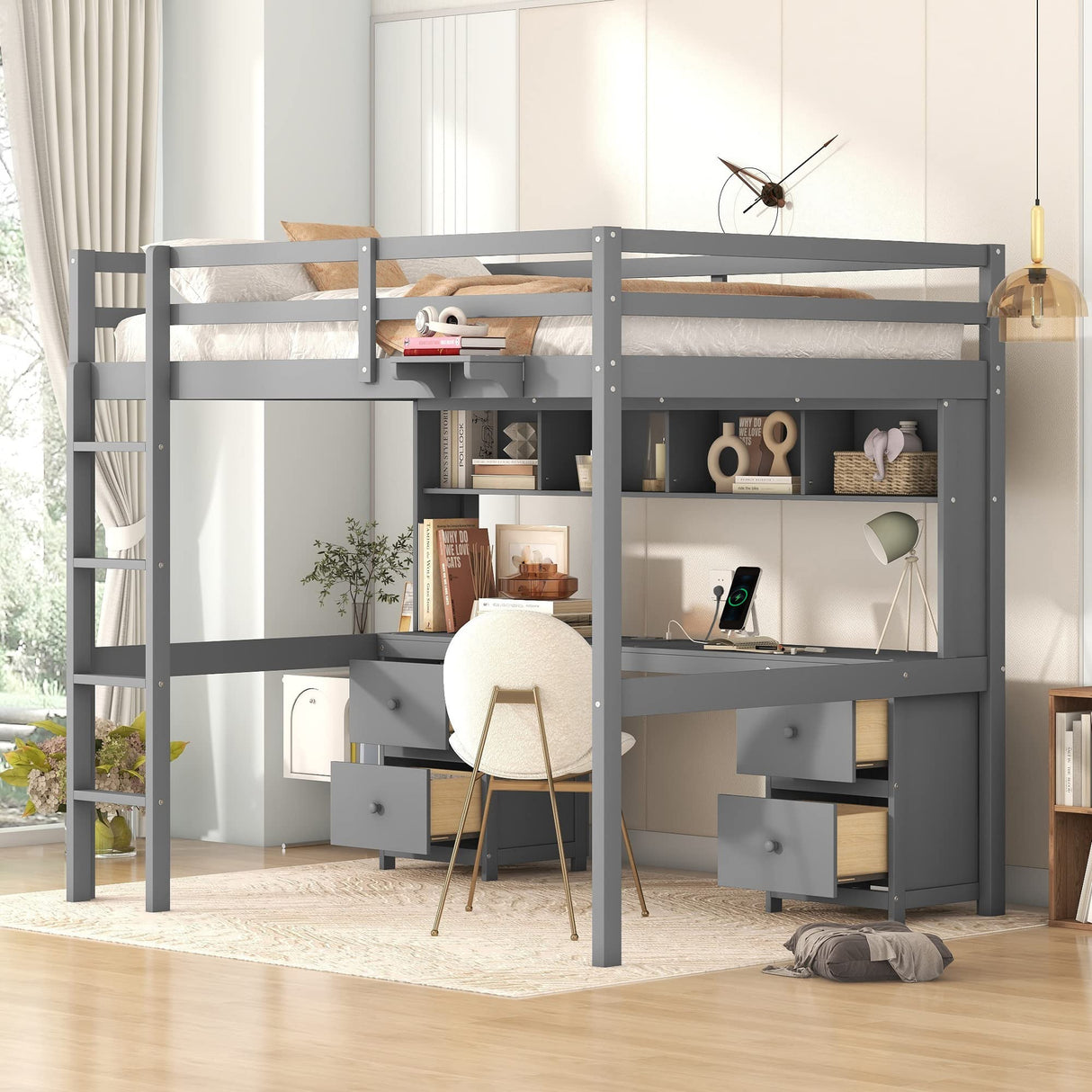 Full Loft Bed with Desk, 4 Drawers and 4 Shelves, Wood Full Size Loft Beds Frame with Storage and Charging Station, Kids Loft Beds with 2 Outlets & 2 USB Port, No Box Spring Needed (Gray) Harper & Bright Designs