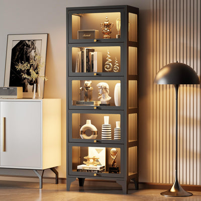 Lucky Monet 5 Tier Curio Display Cabinet with 13-Color LED Lights & Flip-Up Glass Doors, 3-Side Glass Lighted Display Case for Collectibles, Figures, Books, 67" Metal Storage Cabinet, Black