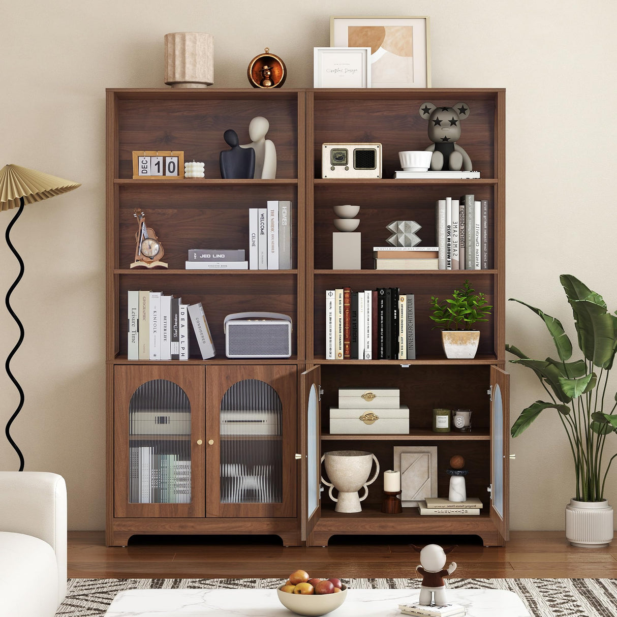 MAHYIZYI 71" Tall Bookshelf with Glass Doors, 5-Tier Arched Bookcase with Storage & Adjustable Shelf, Freestanding Wood Book Shelf Modern Farmhouse Display Cabinet for Living Room, Office (Walnut) MAHYIZYI