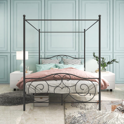 MaiDeHaoo Metal Canopy Bed Frame Queen Size, Four Posters Bed Frame with Headboard & Footboard, Vintage Bed Frame with Metal Slats Support and Storage Beneath Bed - Black