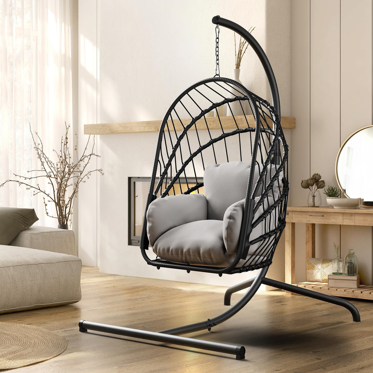 YITAHOME Hanging Egg Chair with Stand, Rattan Wicker Swing Egg Chair with Resistant Cushion, 300lbs Capacity, Foldable Hanging Basket Chair for Porch, Garden, Bedroom, Balcony - Grey YITAHOME