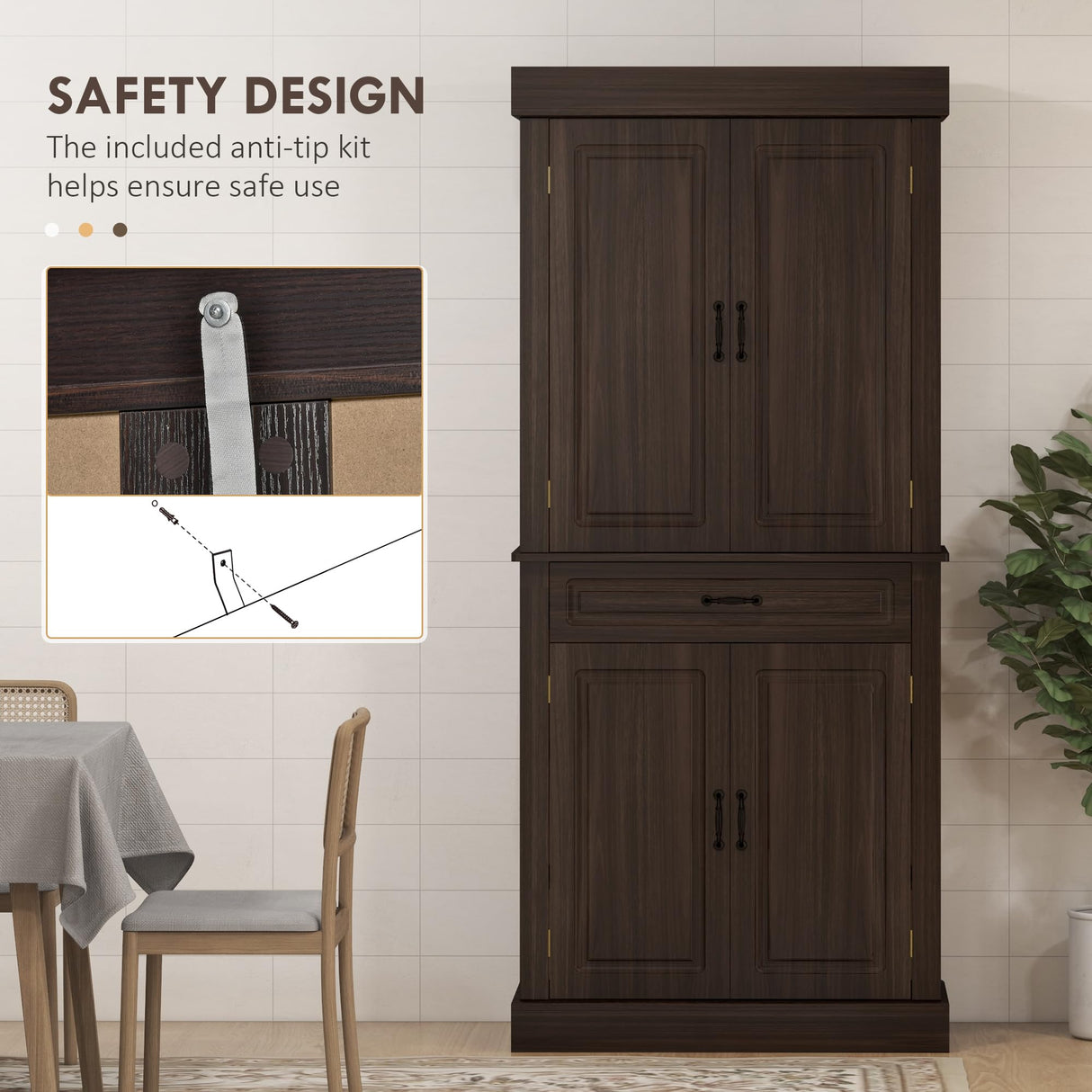 HOMCOM 71" Freestanding Kitchen Pantry Cabinet, Tall Storage Cabinet with 4 Doors and Drawer for Dining Room, Coffee HOMCOM