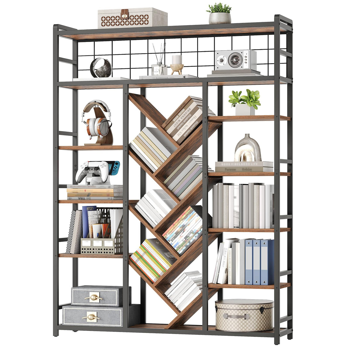 RALGEND Triple 7-Tier Bookshelf, Industrial Large Bookcase with 20 Open Display Shelves, Modern Tree Bookcase with Metal Frame and Hanging Function for Living Room, Home Office, Rustic Brown and Black RALGEND