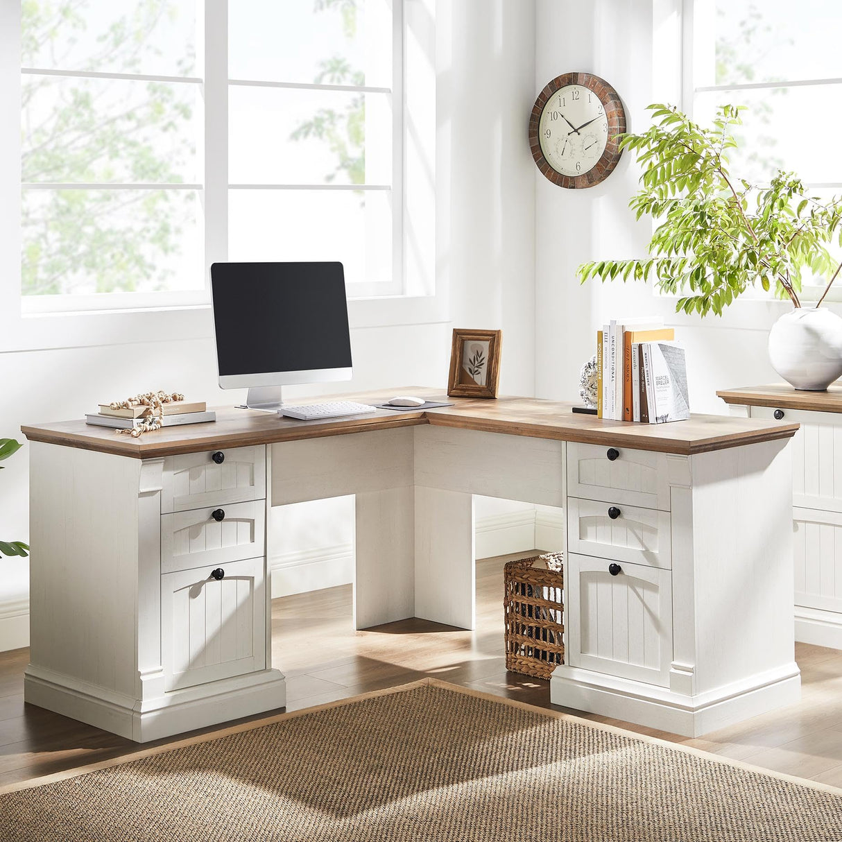 OKD 60" L Shaped Executive Desk with Drawers, Farmhouse Home Office Desk with Charging Station, File Cabinet Storage, Wood Corner Computer Desk for Work and Study, Antique White OKD