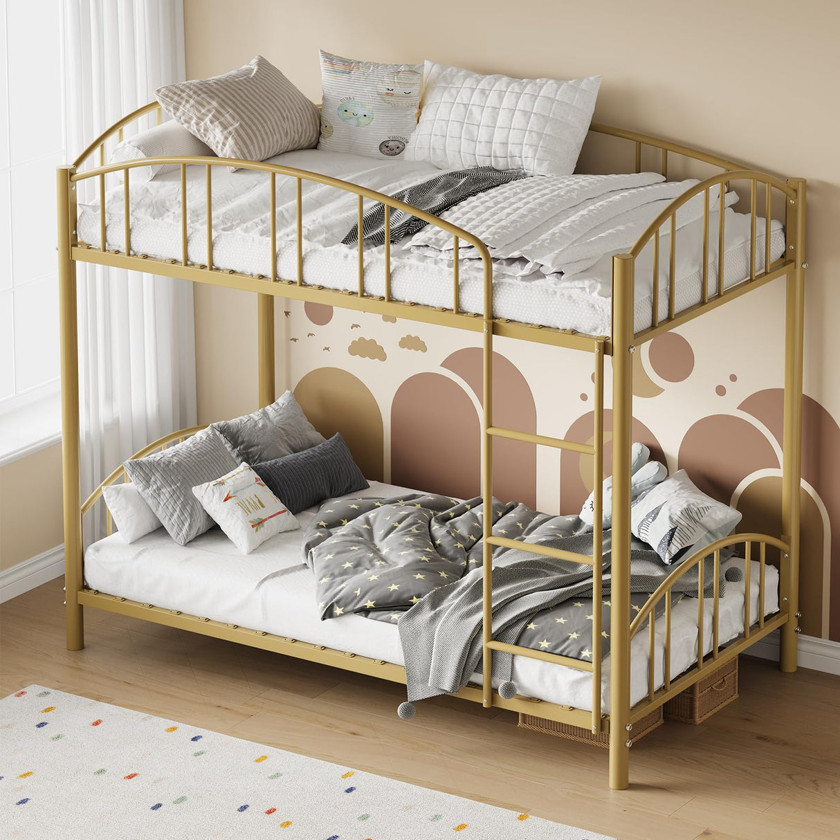 Garvee Bunk Bed Twin Over Twin with Ladder and Arched Guardrail, Heavy Duty Bunkbeds Frame with Sturdy Steel Slats Support for Kids Boys Girls, Space-Saving, No Box Spring Needed, Gold Garvee