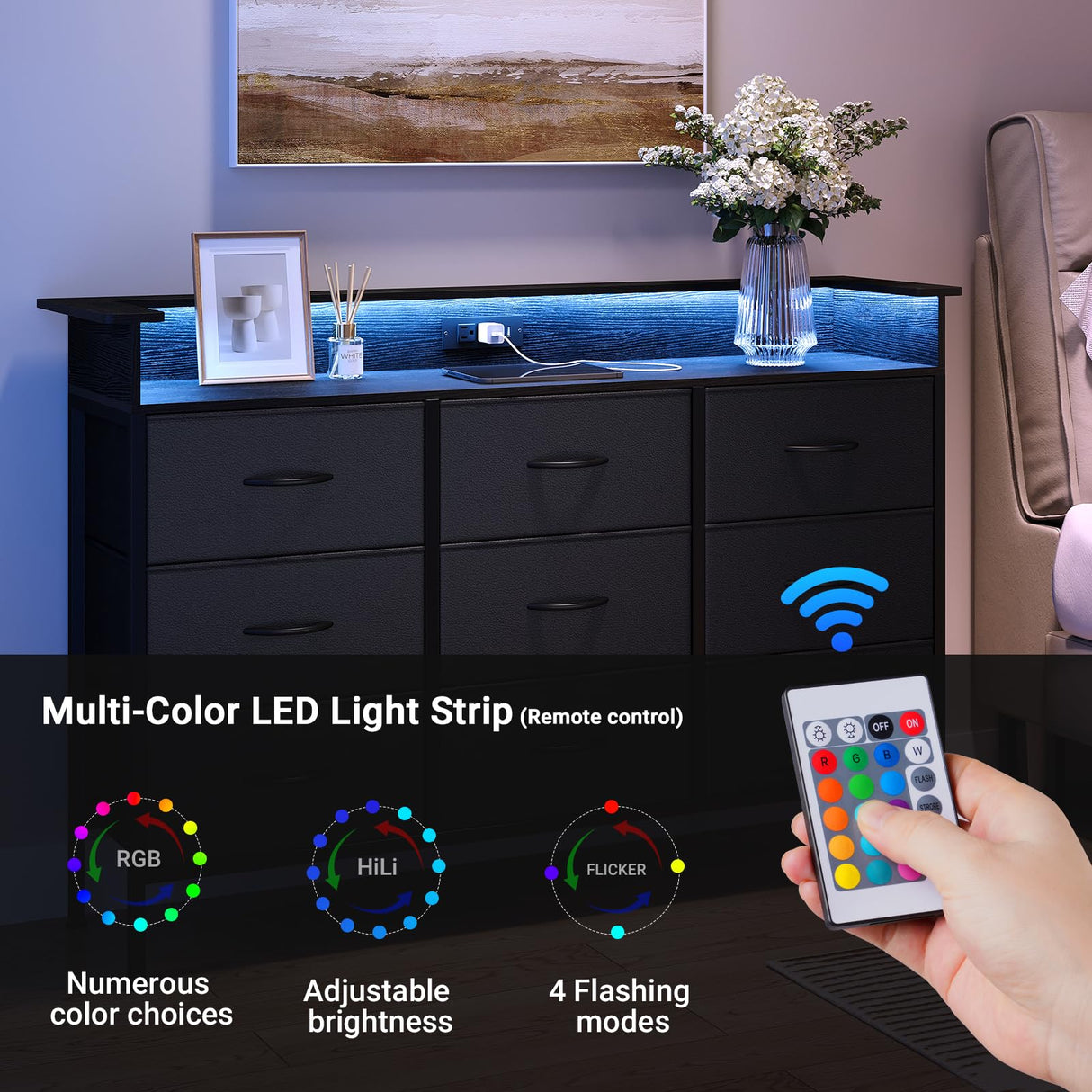 ELYKEN Black Dresser for Bedroom with LED Light & Charging Station, 9 PU Finish Fabric Drawers Dressers & Chest of Drawer with USB Outlet for for Entryway Closet Living Room Hallway ELYKEN